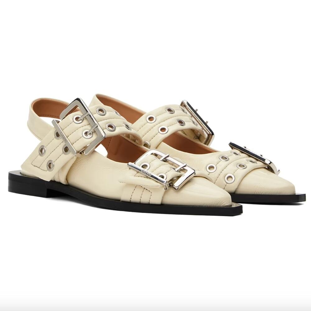 Ganni Feminine Buckle Pointed Toe Slingback Ballerina Flats Ivory, Size 6